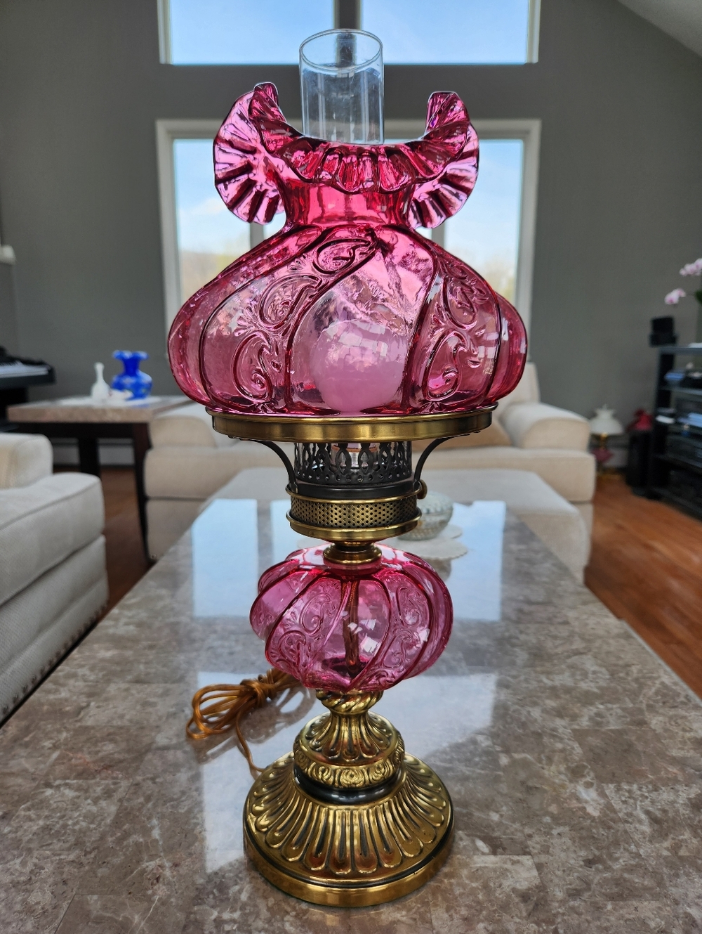 Fenton Cranberry Paisley Swirl Student Lamp